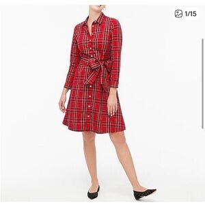 J. Crew Red Plaid Long-Sleeve Shirt Dress